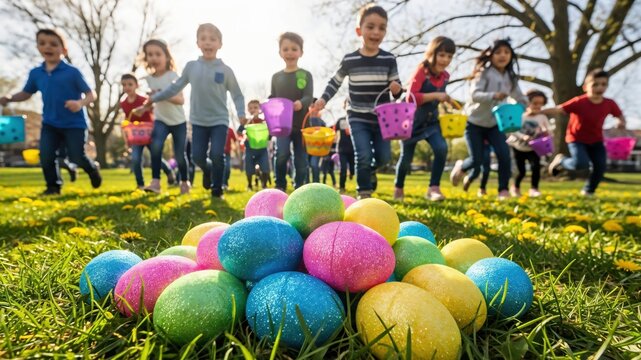 Diverse group of young children participating in a community Easter egg hunt in a sunny park