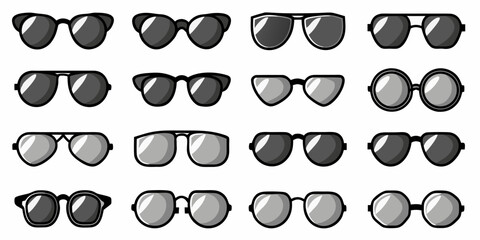 Collection of various sunglasses displayed in a grid arrangement