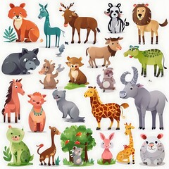Obraz premium Collection of Various Cartoon Wild Animals.