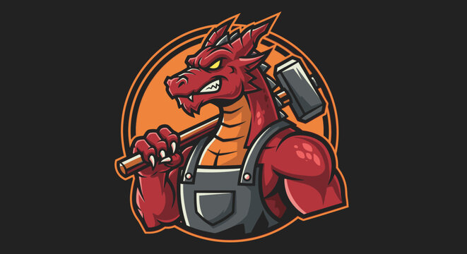 A muscular red dragon holding a hammer.