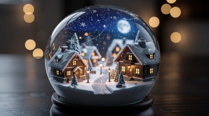 Fototapeta premium A festive snow globe depicting a cozy winter village scene with snow-covered houses, trees, and a glowing full moon in the night sky.