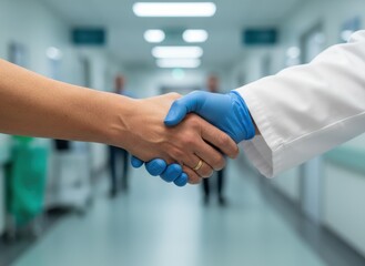 Close-up of a doctor in blue gloves and a patient shaking hands in a bright hospital corridor with blurred figures in the background