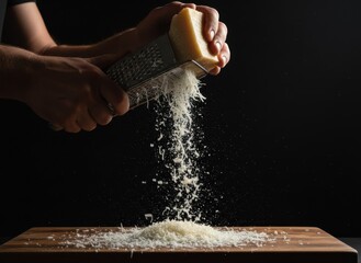 Close Up Hands Grating Hard Yellow Cheese on Wooden Board Dark Background Dramatic Lighting Creates Culinary Action