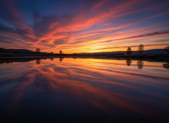 Vibrant Orange and Red Streaked Clouds Reflected in Calm Water During a Dramatic Sunset Over a Distant Horizon with Silhouetted Trees