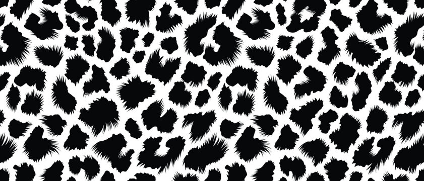 Dynamic black and white leopard fur pattern with overlapping spots, high contrast, texture, depth, and motion