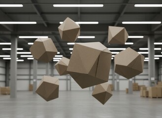 Geometric Cardboard Shapes Floating In A Warehouse With Natural Light And Stacked Boxes