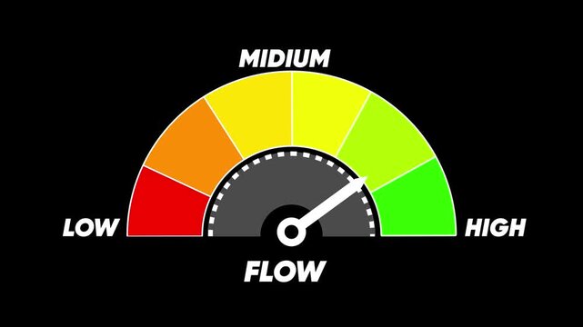 Semicircular Flow Meter Gauge with Needle in the Mid- Range on Black Background indicator measurement