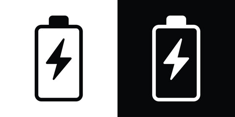 Flash battery charging icon. Battery symbol with a lightning bolt, indicating energy power generation, fast charging status, accumulator capacity, or electric fuel cell in black and white. © bibin