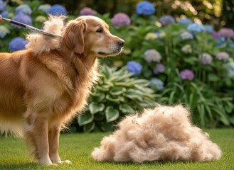 Golden Retriever dog being brushed outdoors in a garden with blooming hydrangeas and soft sunlight creating a warm atmosphere