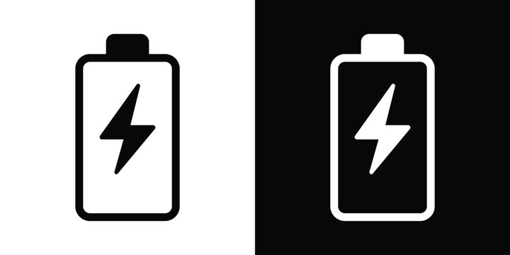 Flash battery charging icon. Battery symbol with a lightning bolt, indicating energy power generation, fast charging status, accumulator capacity, or electric fuel cell in black and white.