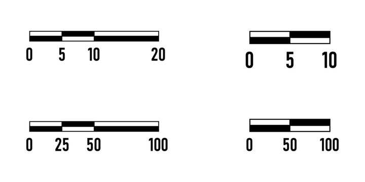 Linear Scale Bar Cartography Symbol Sign Meter Measurement Element Icon Set for Map or Site Plan. Vector Image.