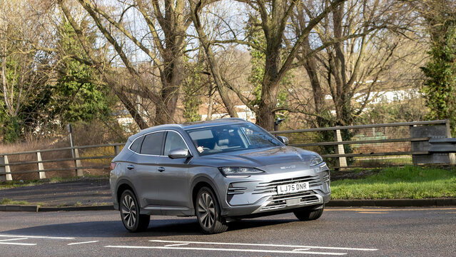 Milton Keynes,Bucks,UK - Feb 24th 2026:  2025 BYD Seal U Boost hybrid electric car driving on a British road