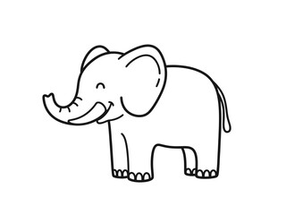 Simple black and white outline drawing of a happy cartoon elephant standing