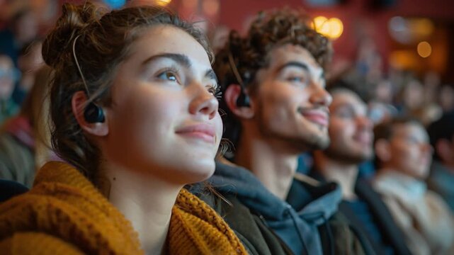 A young woman wearing an orange sweater smiles attentively while listening to a performance. A young man sits beside her, both enjoying the lively atmosphere in a crowded theater