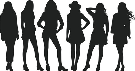 Silhouettes of Fashionable Women Posing in Stylish Outfits vector illustration