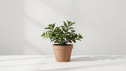 Fototapeta premium A potted green plant with many leaves sits on a white surface, with shadow cast on wall