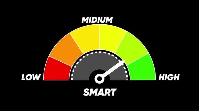 Semicircular gauge with needle pointing to ' SMART' in the mid-range on a black background meter