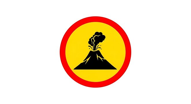 Erupting volcano icon in red and yellow warning sign