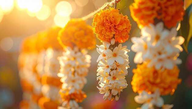 Sunlit marigold flowers hanging for Chaitra spring festivals spirit and auspicious decorations