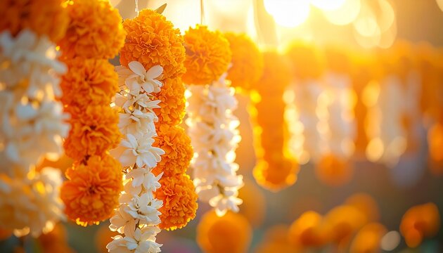 Vibrant marigold and jasmine flower garland for Chaitra spring festivals celebration in golden sunlight