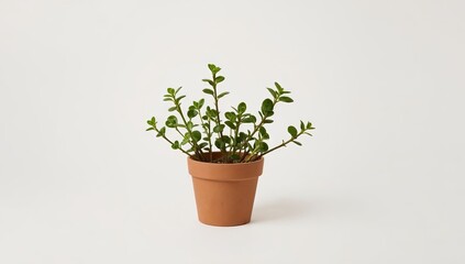 Fototapeta premium A small potted plant with green leaves sits against a plain white backdrop. The terracotta pot holds the budding plant