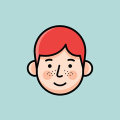 Fototapeta premium Cartoon portrait of a smiling boy with red hair and freckles on light blue