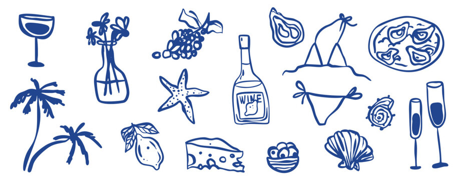 Italian hand drawn vector doodle sketch cafe food illustration set. Summer dinner menu ingredients in minimalist style. Line restaurant vintage retro drawing set. Holiday picnic brunch collection