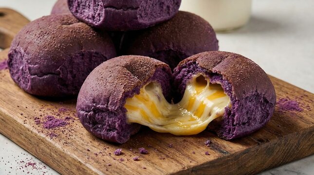 Ube cheese pandesal. Purple yam bread with melted cheese, Traditional Filipino breakfast pandesal