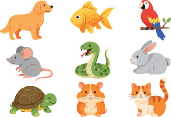 Fototapeta premium Cute Animal Characters Collection with Dog, Fish, Parrot, Mouse, Snake, Rabbit, Turtle, Hamster and Cat Vector Set