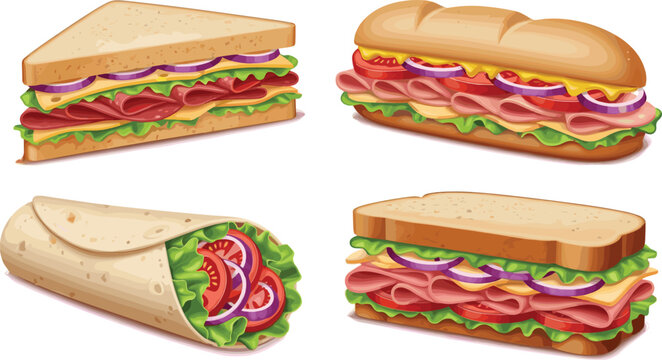 Delicious Sandwich Collection with Submarine, Wrap and Classic Deli Sandwiches Filled with Fresh Vegetables and Meat Vector Set