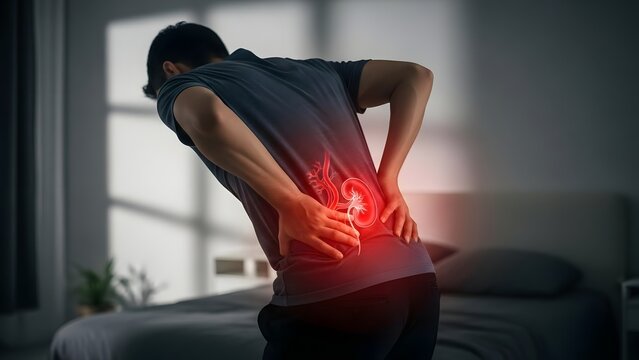 Man Experiencing Severe Kidney Stone Pain at Home with Red Highlight on Lower Back Area