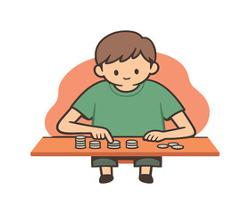 Quiet child learns to count coins at a table, small piles arranged neatly, finger tapping totals, focus steady and calm. |