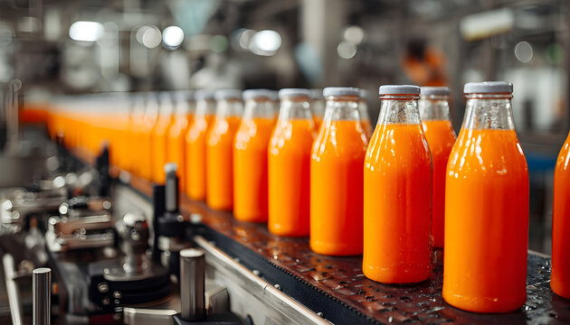 Carrot juice being processed and bottled in a state-of-the-art manufacturing facility, showcasing modern techniques in beverage production and food industry efficiency