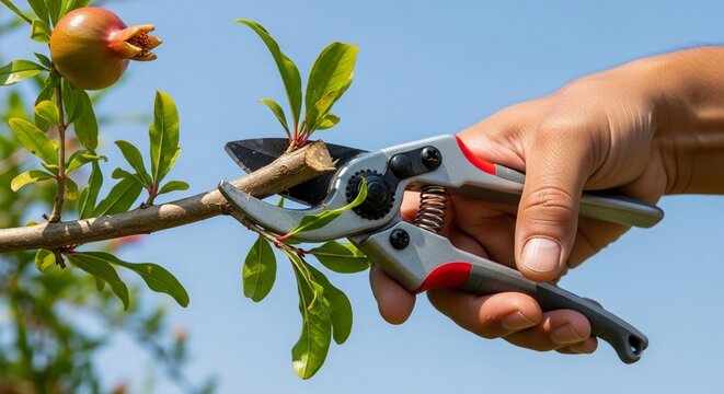 Hand Pruning Pomegranate Tree Branch with Gardening Shears under Clear Blue Sky