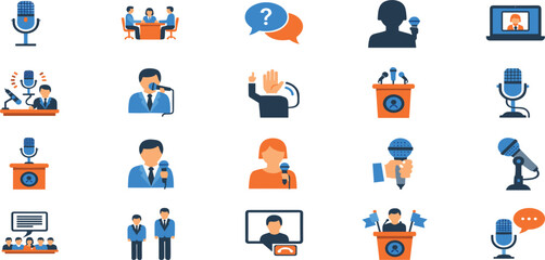 Fototapeta premium Public speaking and media communication icon set with microphone, interview, press conference and presentation symbols, modern flat vector collection for news and business