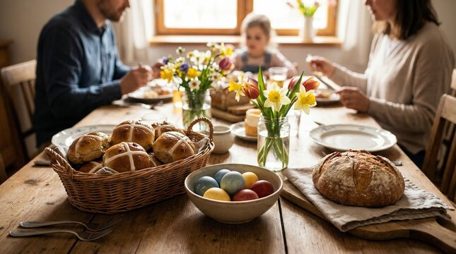 Family gathering around festive table with traditional Easter meal, bread and dishes, celebrating holiday, spring season, togetherness, and joyful Christian tradition in warm home setting.