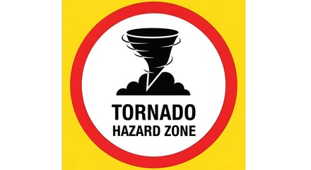 Tornado hazard zone warning sign with stormy weather symbol