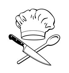 cartoon chefs hat toque blanche and wooden spoon and knife cooking baking items line drawing elements vector isolated on transparent background