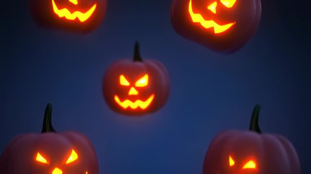 Several floating, carved orange gourds with glowing eyes and mouths against a dark blue background