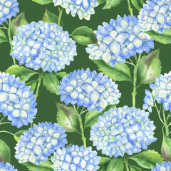 Seamless pattern hydrangeas dark green