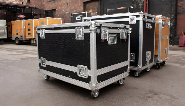 Heavy duty road cases with wheels providing secure protection for musical or light stage equipment during transport and storage outdoors