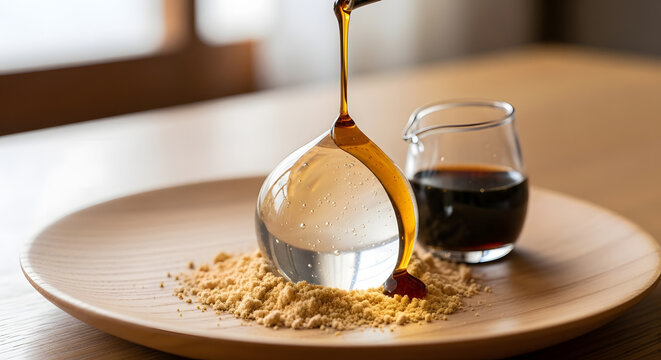 Elegant Japanese Raindrop Cake Served with Kinako Powder and Kuromitsu Syrup