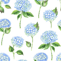 Seamless pattern of blue hydrangeas