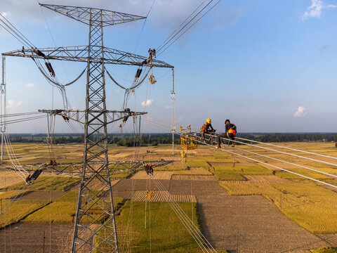Aerial view of high-voltage power line technicians perched precariously against a backdrop of golden fields, a striking contrast of man and nature, Joypurhat, Bangladesh.
