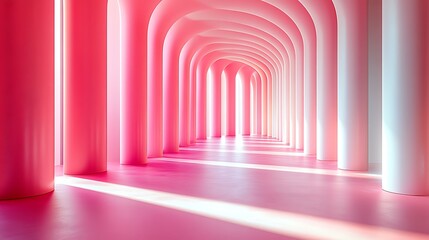 Obraz premium Long pink arched hallway with many pillars and strong light streaks on the polished floor
