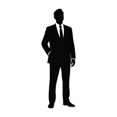 Silhouette of a confident businessman in a suit standing with hand in pocket against a white background