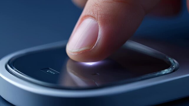 Finger Presses Power Button on Modern Electronic Device, High Tech, Close Up