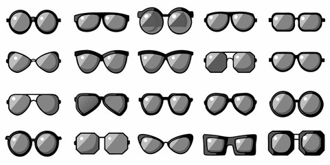 Collection of various styles of sunglasses displayed in a grid format