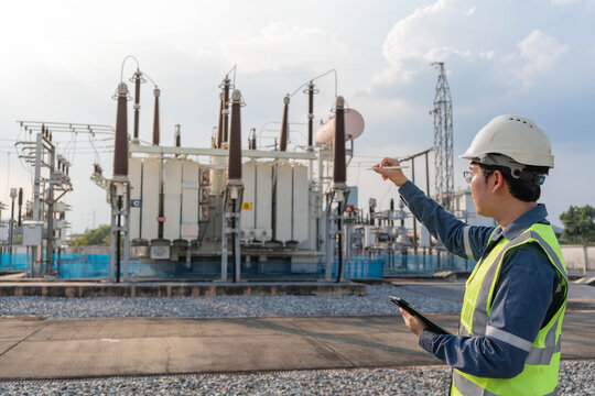 Engineer directing field inspection at power transformer station, coordinating equipment review and site verification to support infrastructure planning and secure electrical supply operations.