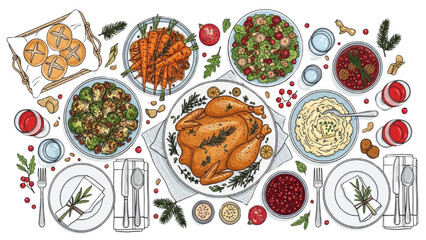High Quality Black Outline Colorful Illustration of Festive Holiday Dinner Flat Lay with Roasted Vegetables and Vibrant Side Dishes, Seasonal Feast, Celebration Food Art